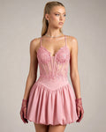 Spaghetti Strap Lace Corset Homecoming Dress with Flared Dress