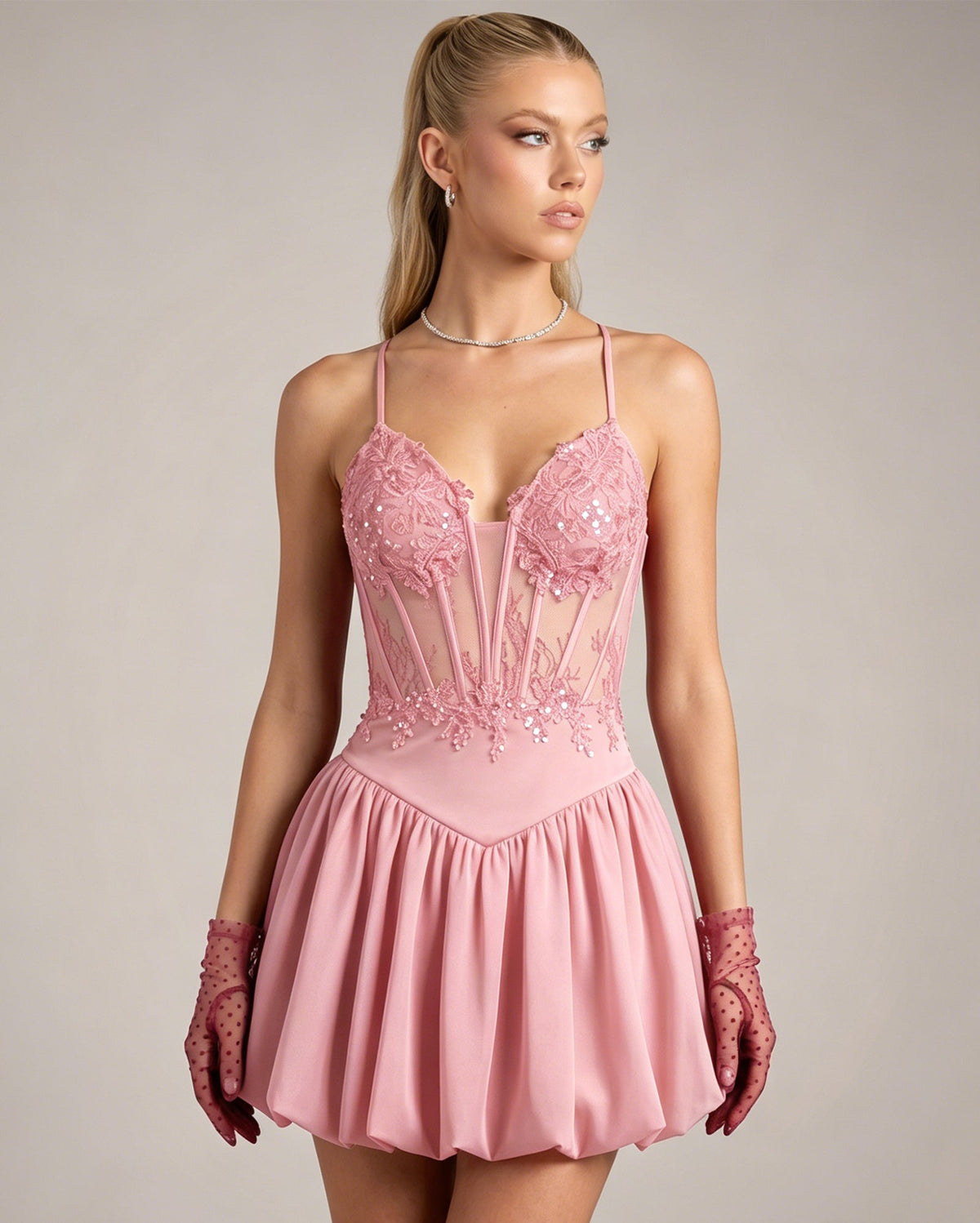 Spaghetti Strap Lace Corset Homecoming Dress with Flared Dress