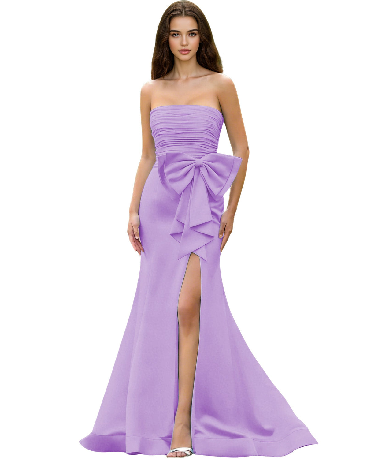 Strapless Bow Detail Satin Prom Dress with Ruched Bodice and Slit