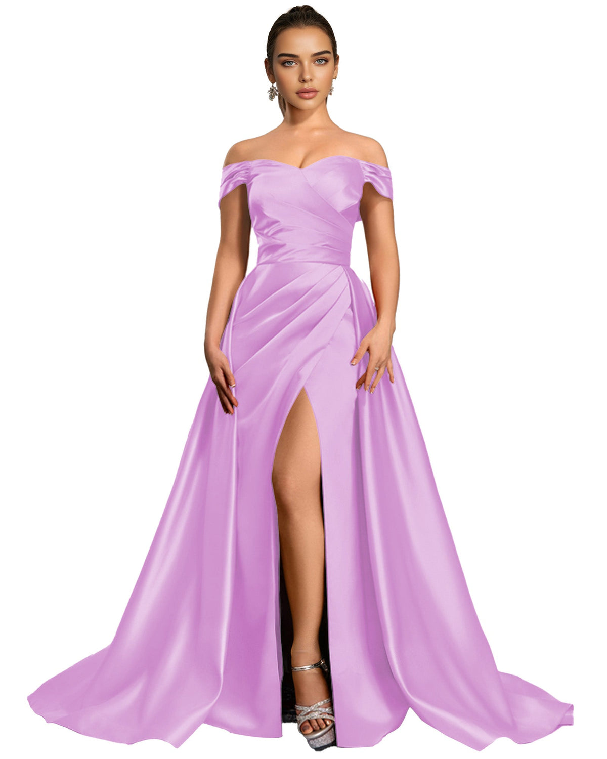 Off Shoulder Satin Ball Gown Prom Dress with Draped Bodice and Slit