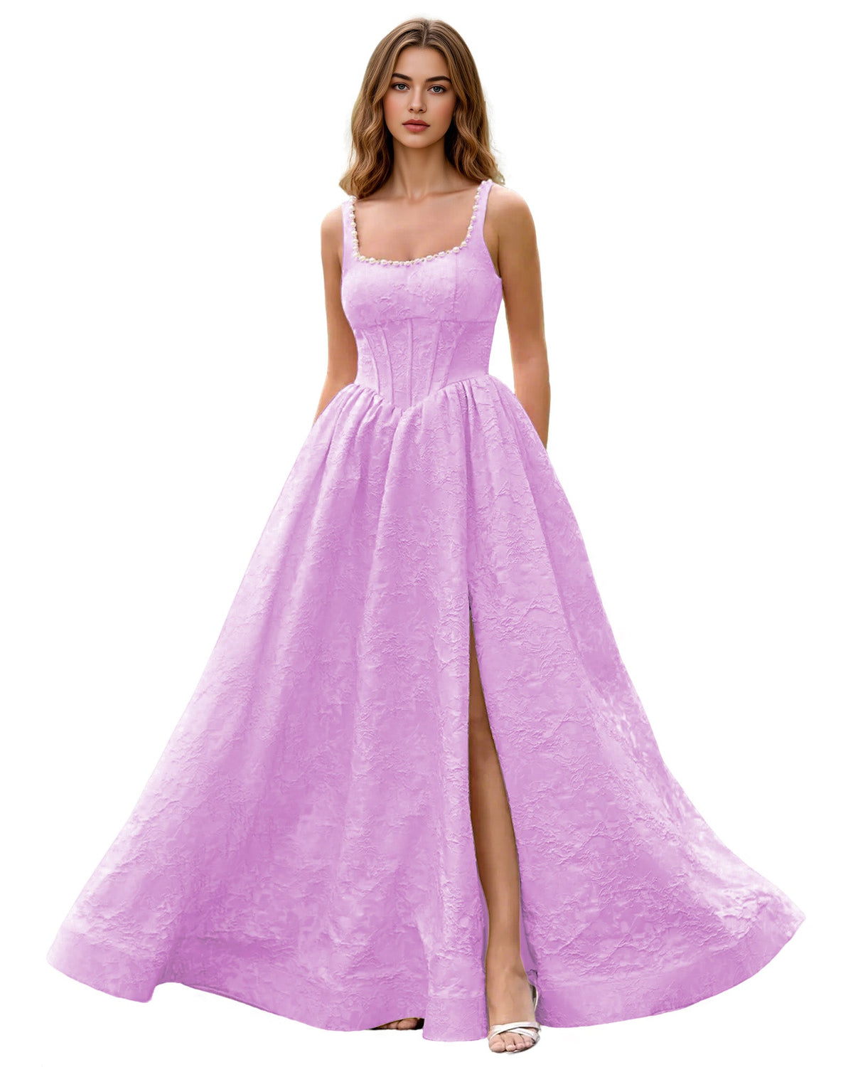 Square Neck Jacquard Ball Gown Prom Dress with Wide Straps and Pockets