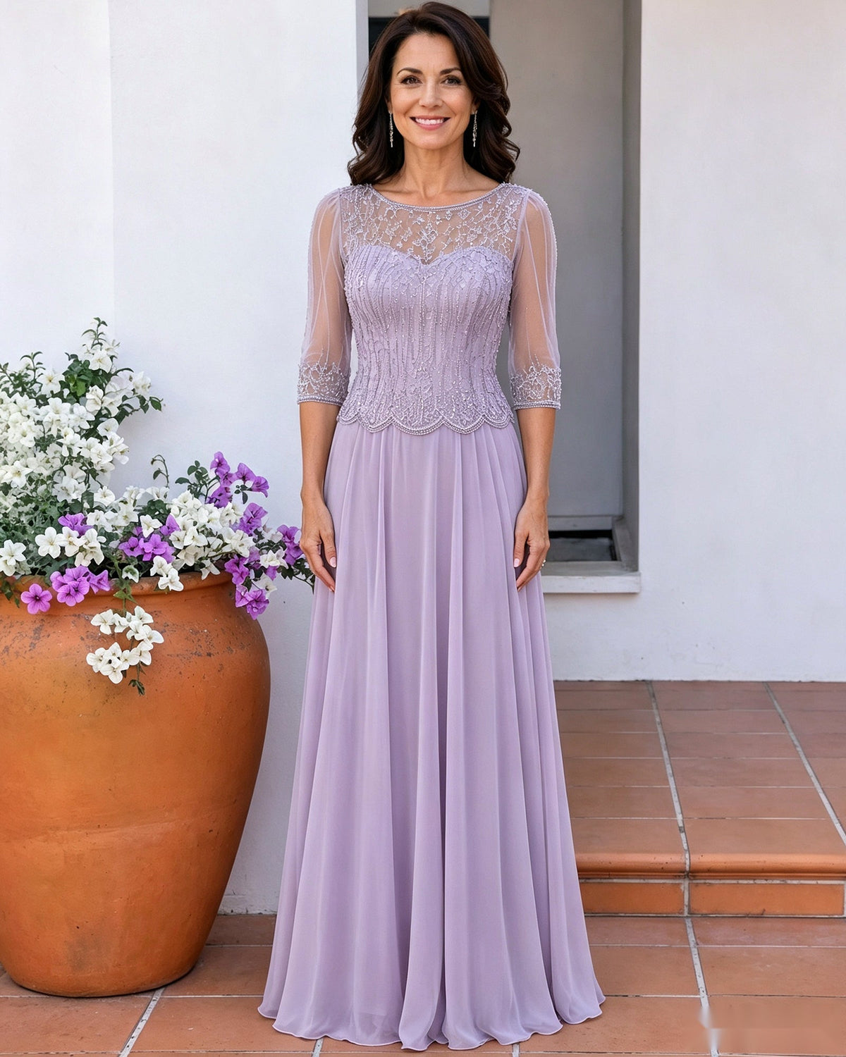 Illusion Lace Three-Quarter Sleeve A-Line Mother of the Bride Dress