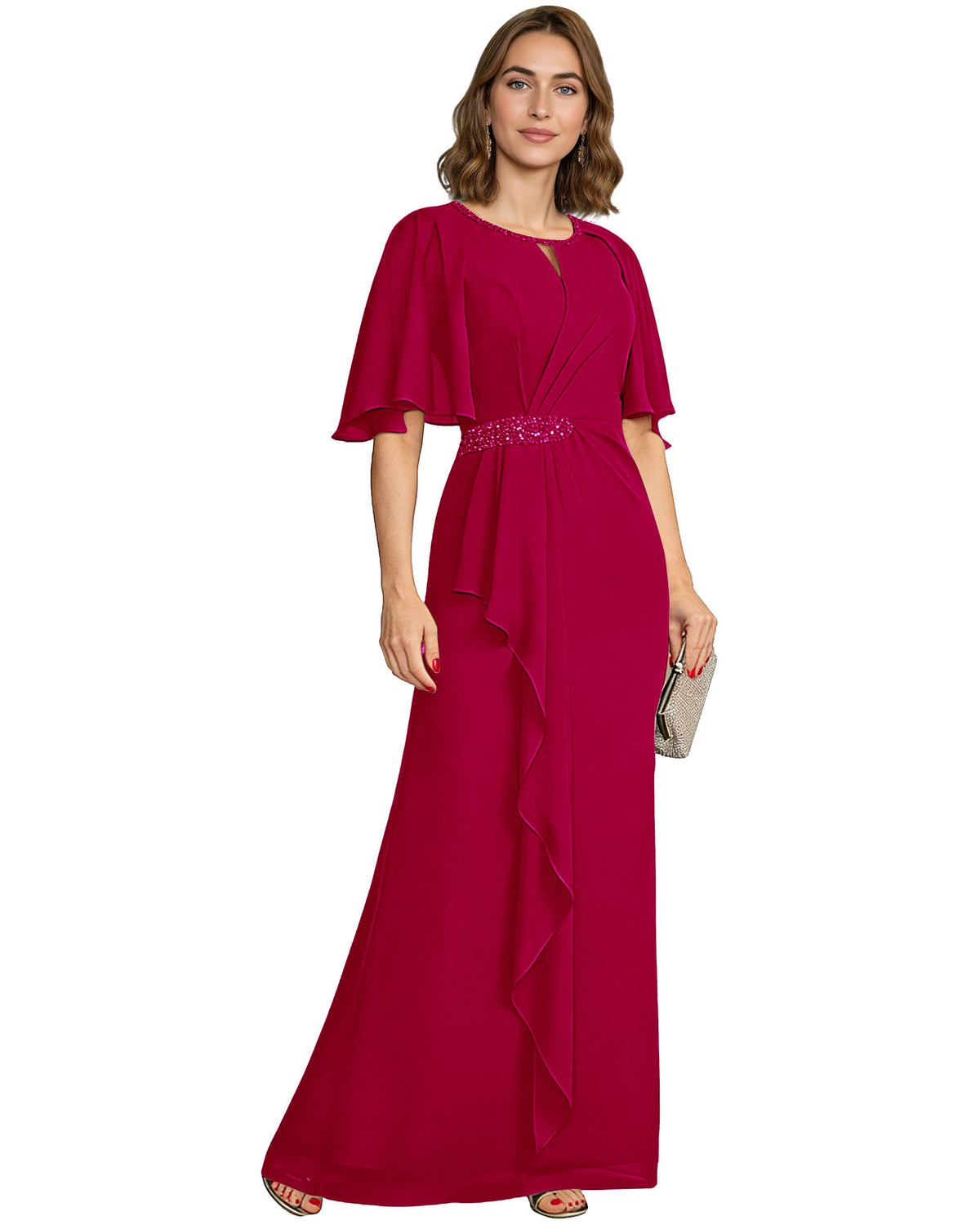 Long Mother of the Bride Dress Chiffon Flutter Sleeve Beaded Waist Formal A-Line Gown