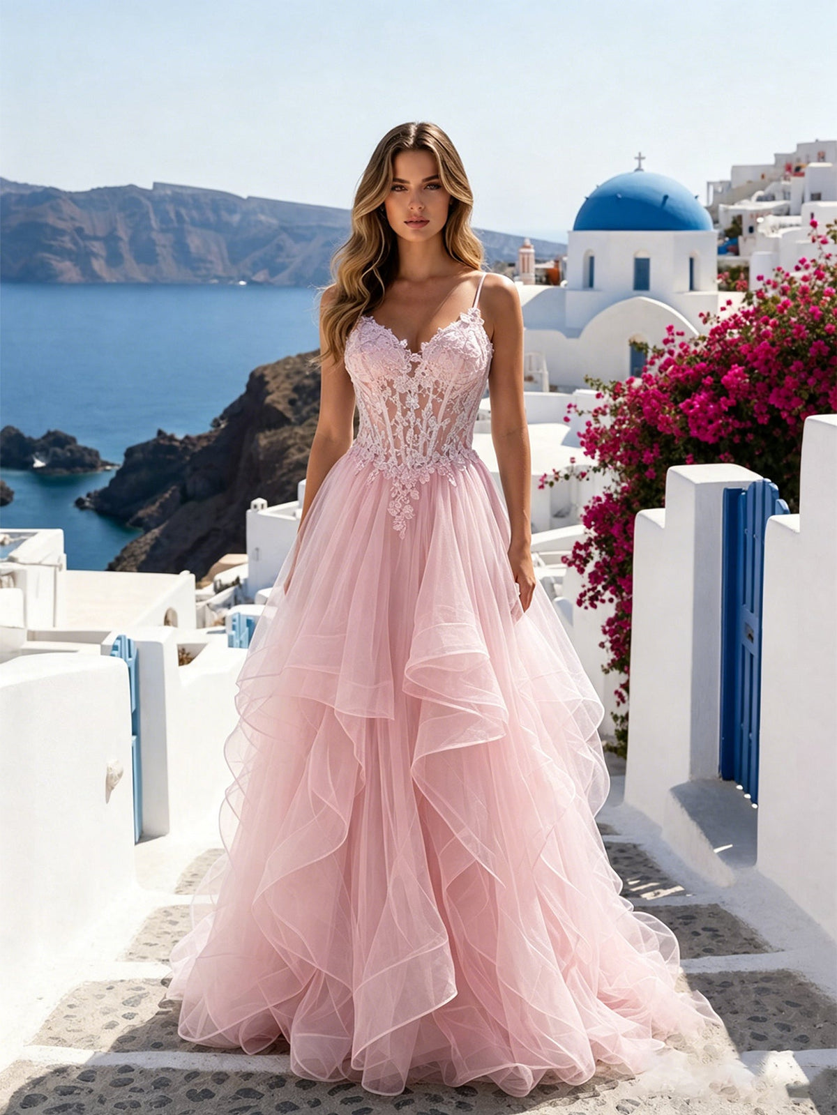 Spaghetti Strap Lace Corset Tulle Prom Dress with Ruffle Dress