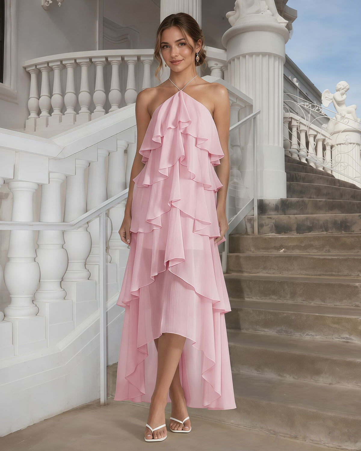 One-Shoulder Tiered Ruffle High-Low Chiffon Formal Dress