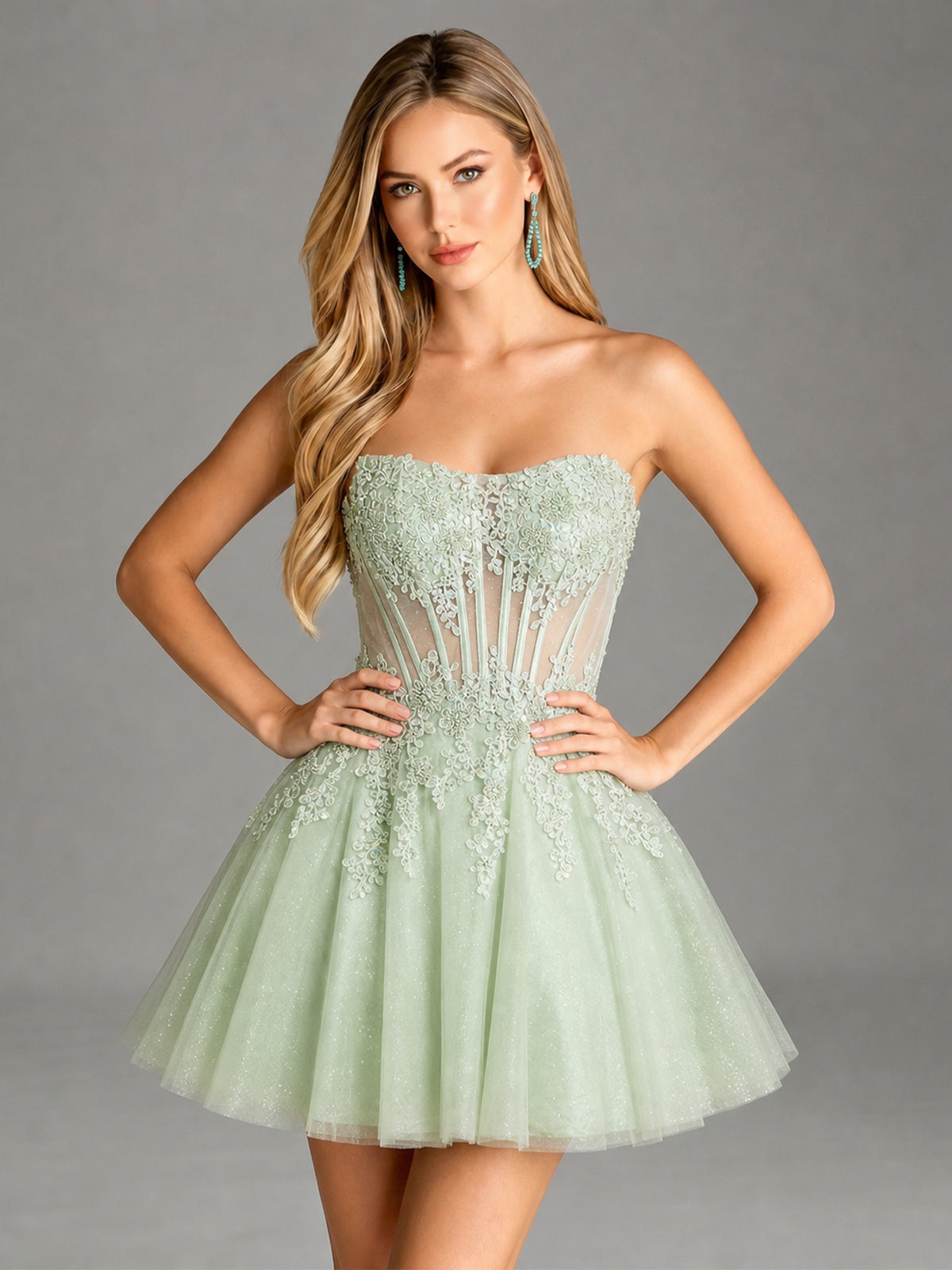 Strapless Lace Applique Glitter Tulle Homecoming Dress