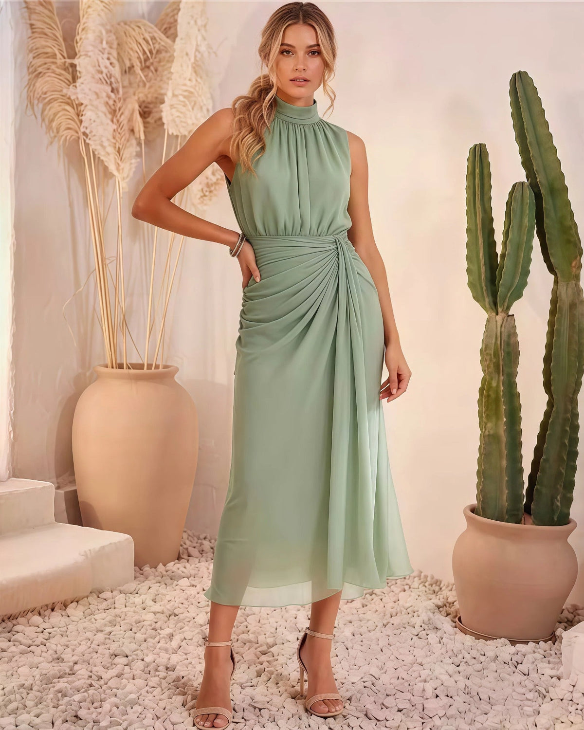 High Neck Chiffon Midi Formal Dress with Ruched Waist