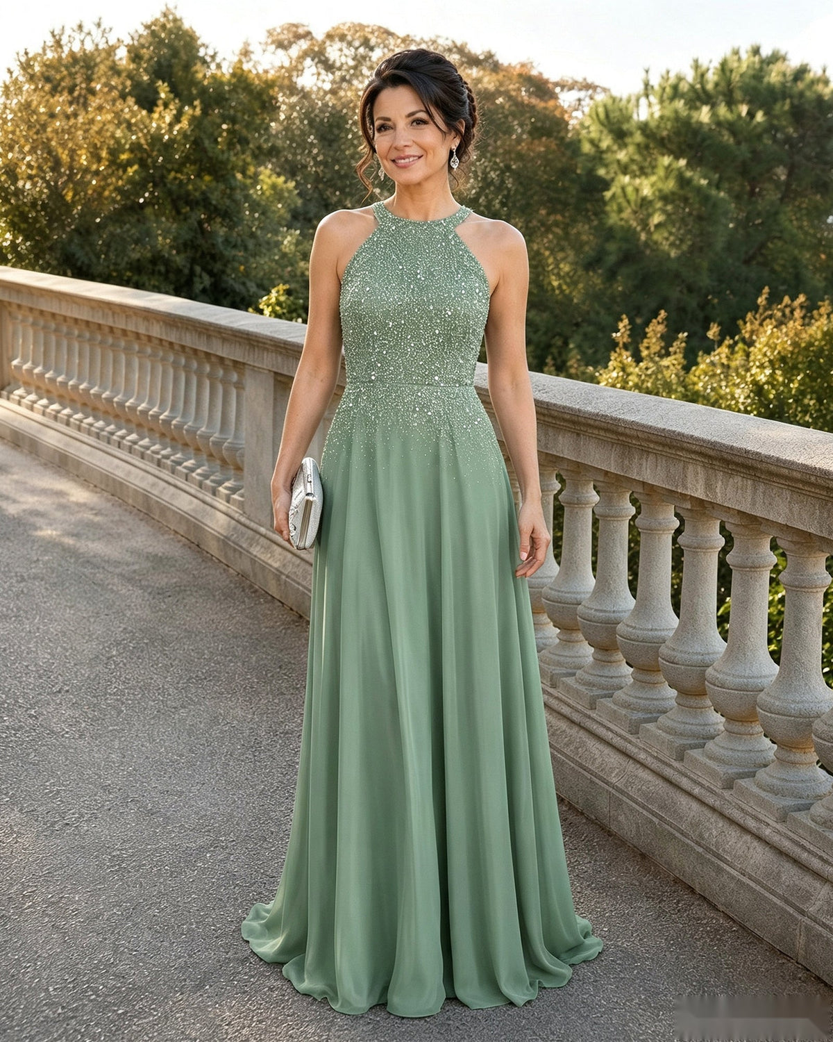 Halter Neck Sequin Chiffon A-Line Mother of the Bride Dress