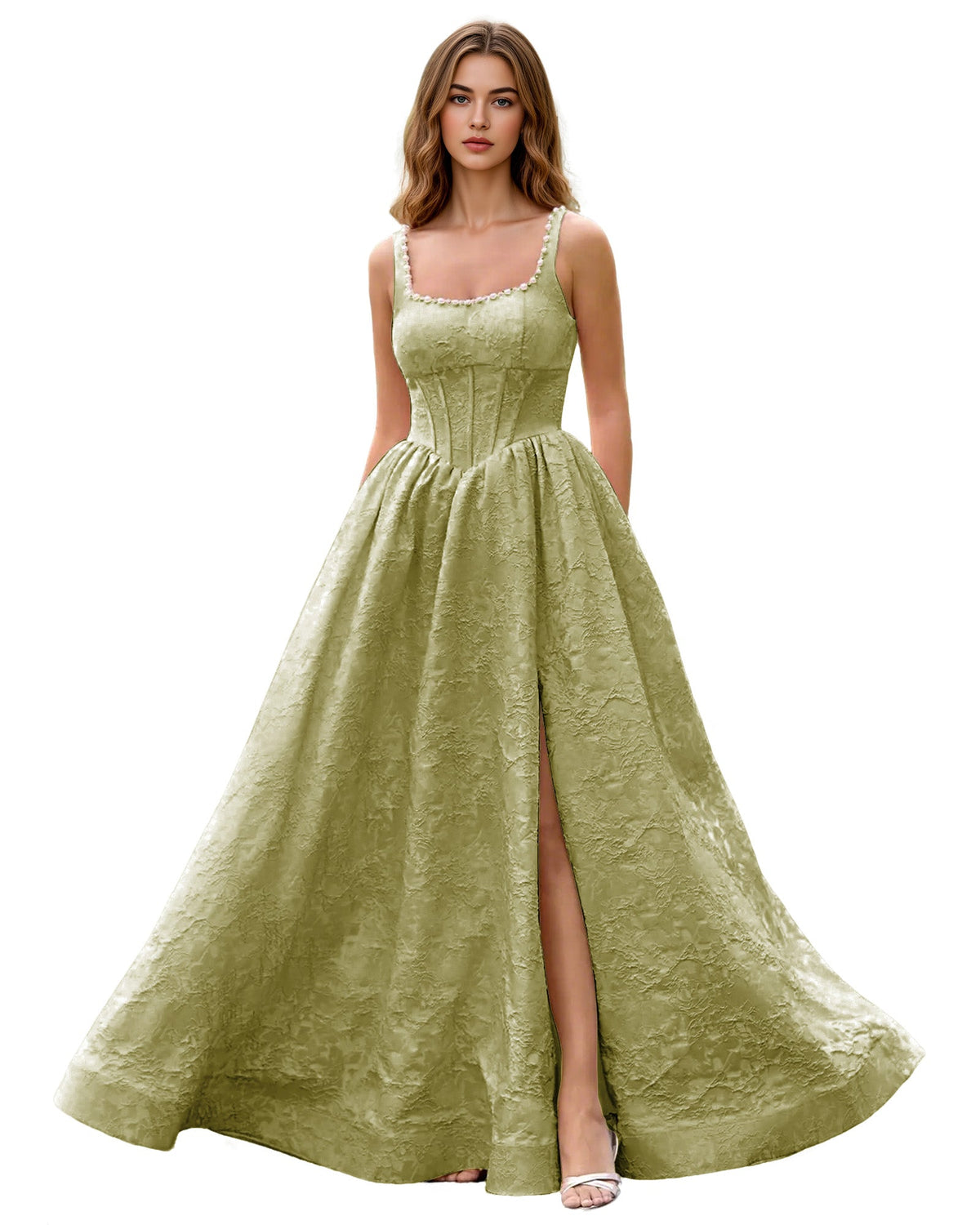 Square Neck Jacquard Ball Gown Prom Dress with Wide Straps and Pockets