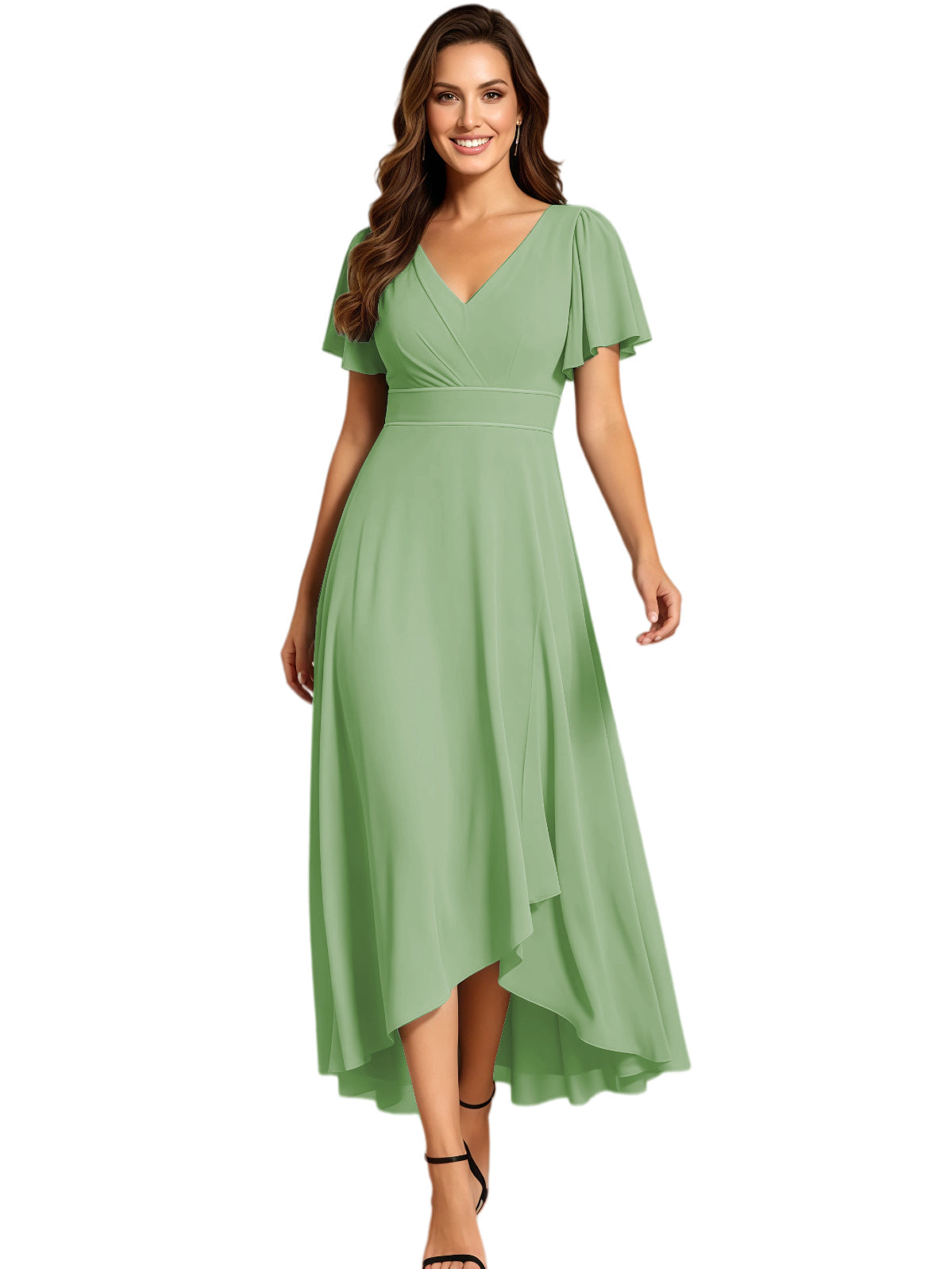 High Low Mother of the Bride Dress V-Neck Flutter Sleeve Chiffon Formal Gown