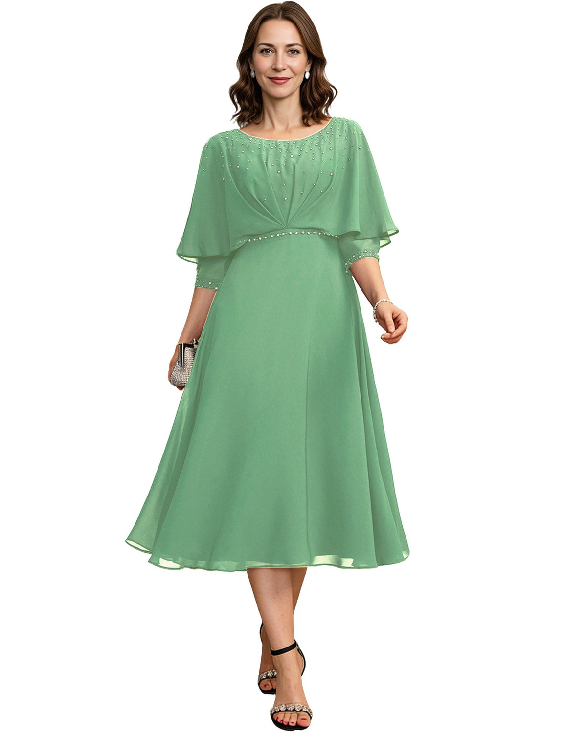 Beaded Cape Mother of the Bride Dress Tea Length Chiffon A-Line Formal Guest Gown