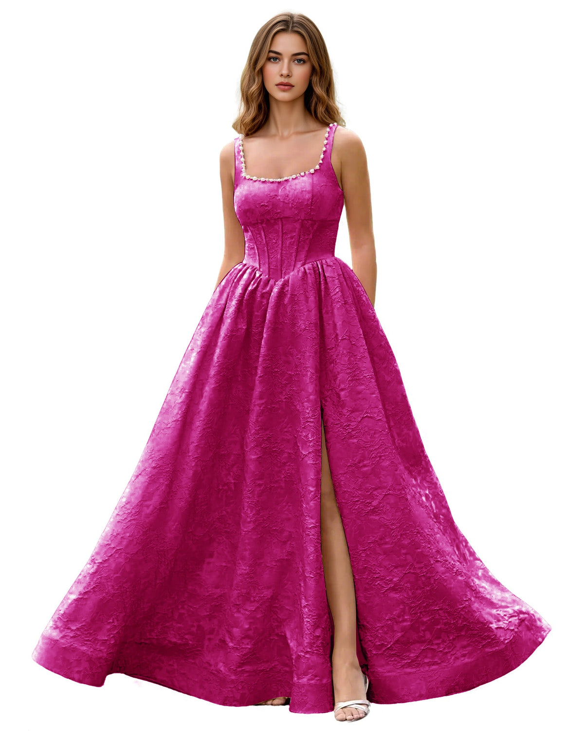 Square Neck Jacquard Ball Gown Prom Dress with Wide Straps and Pockets