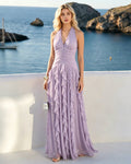 Halter V-Neck Ruffle Chiffon Formal Dress with Flowing Dress