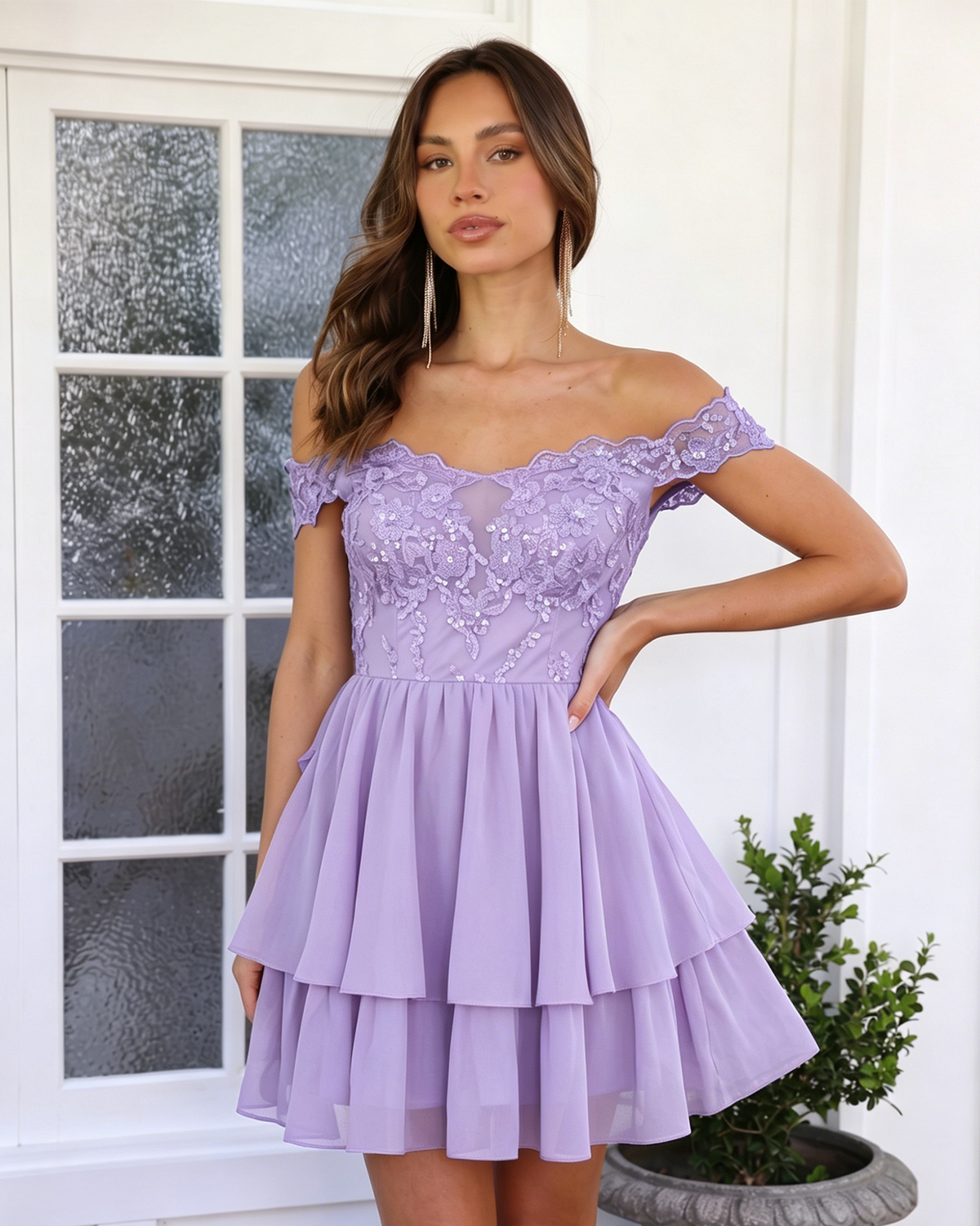 Off Shoulder Lace A-Line Homecoming Dress with Tiered Dress