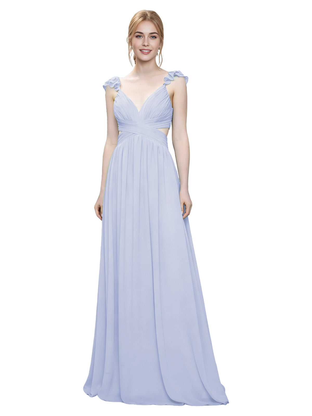 Ruffle Strap V-Neck Tulle Bridesmaid Dress with Pleated Waist
