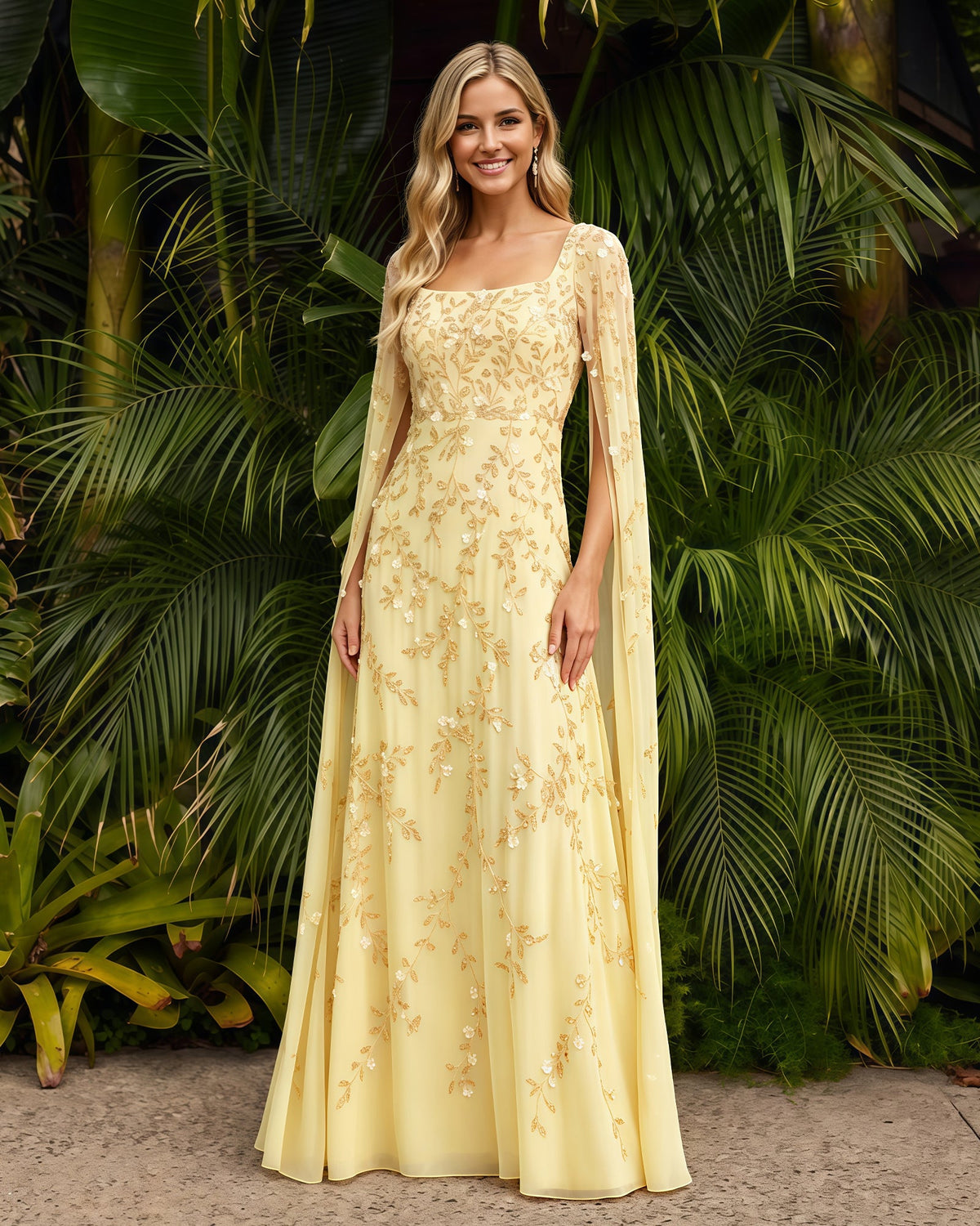 Square-Neck Long-Sleeve Lace A-Line Formal Dress