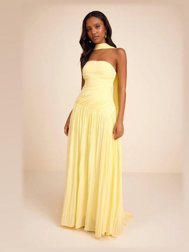Light Yellow Pleated A-Line Maxi Chiffon Formal Dress for Holiday Party
