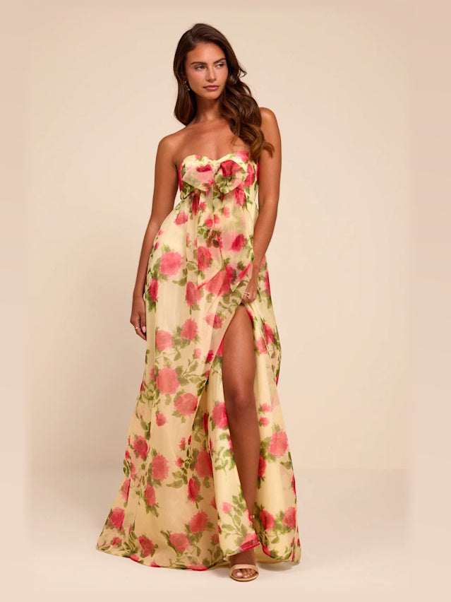 Light Yellow Floral Floral Strapless A-Line Maxi Chiffon Formal Dress for Gala
