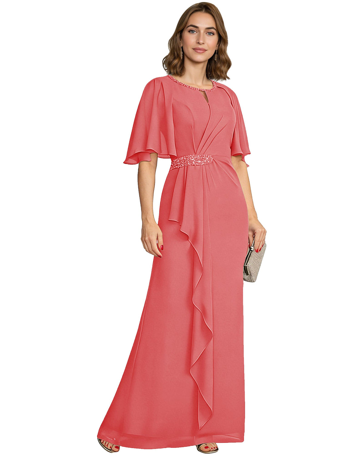 Long Mother of the Bride Dress Chiffon Flutter Sleeve Beaded Waist Formal A-Line Gown