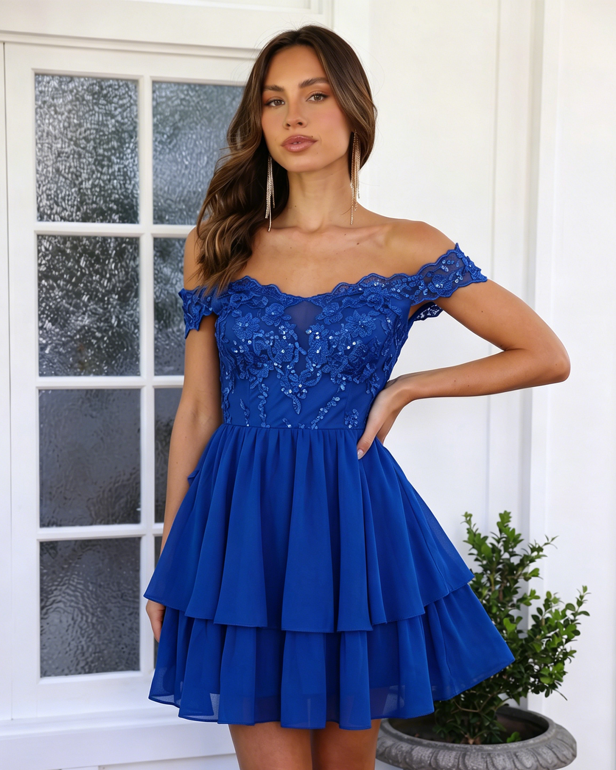 Off Shoulder Lace A-Line Homecoming Dress with Tiered Dress