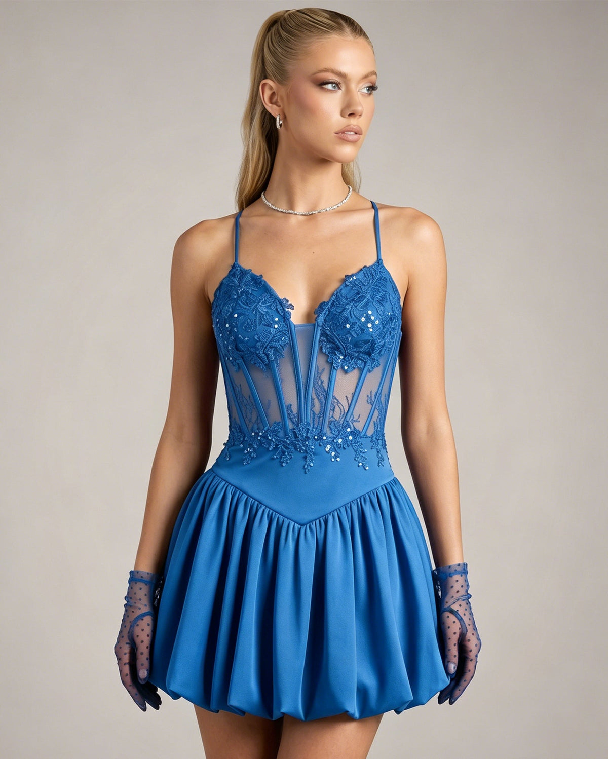 Spaghetti Strap Lace Corset Homecoming Dress with Flared Dress