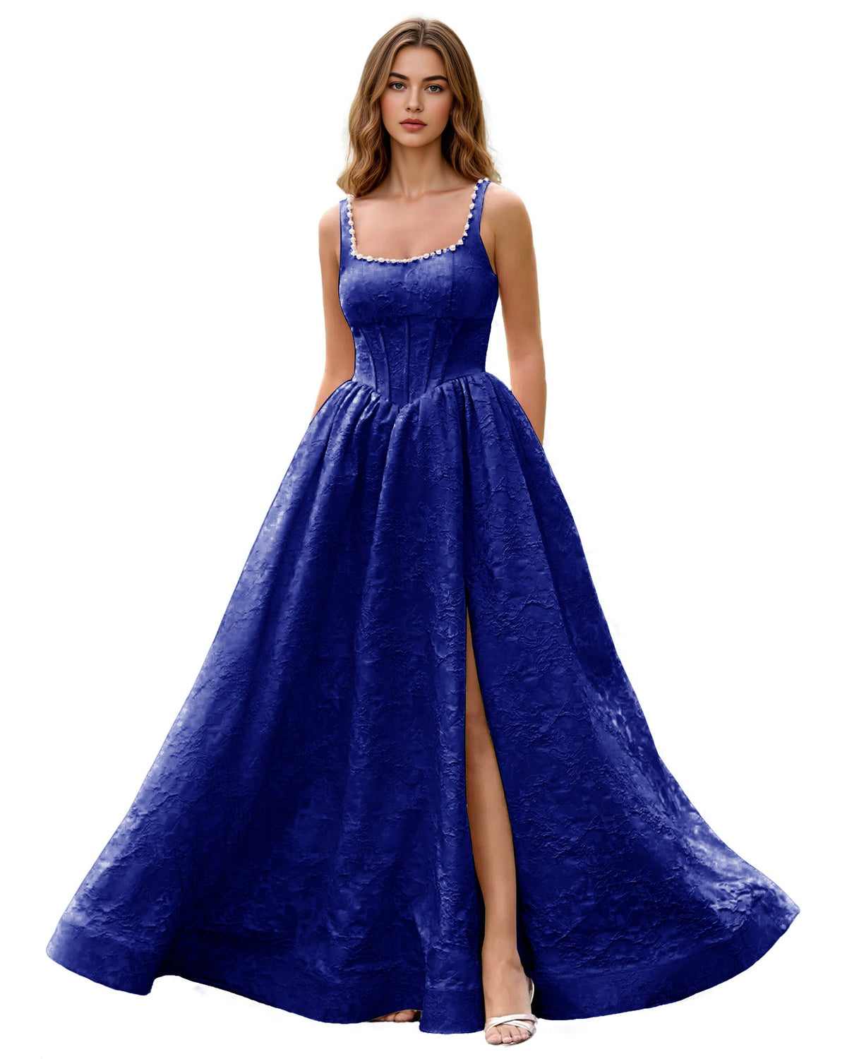Square Neck Jacquard Ball Gown Prom Dress with Wide Straps and Pockets