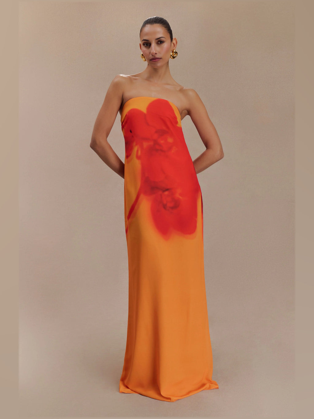 Orange Strapless A-Line Maxi Chiffon Formal Dress for Evening Reception