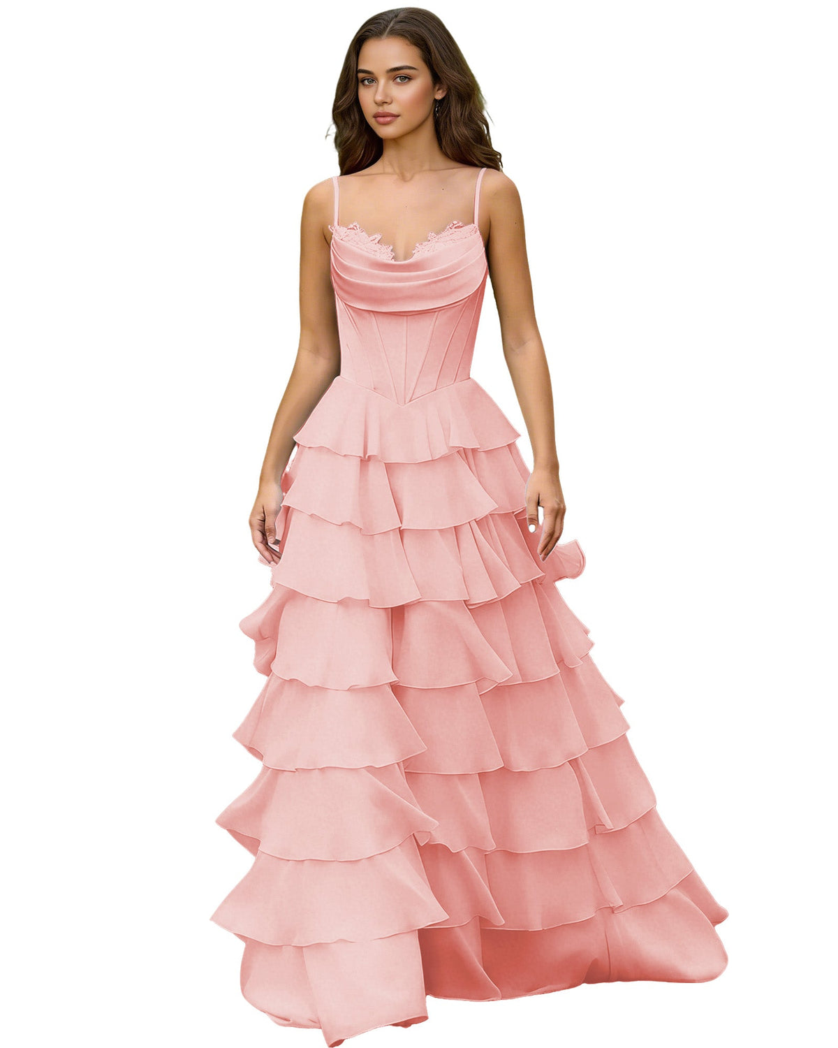 Spaghetti Strap Tiered Chiffon A-Line Prom Dress with Ruffle dress