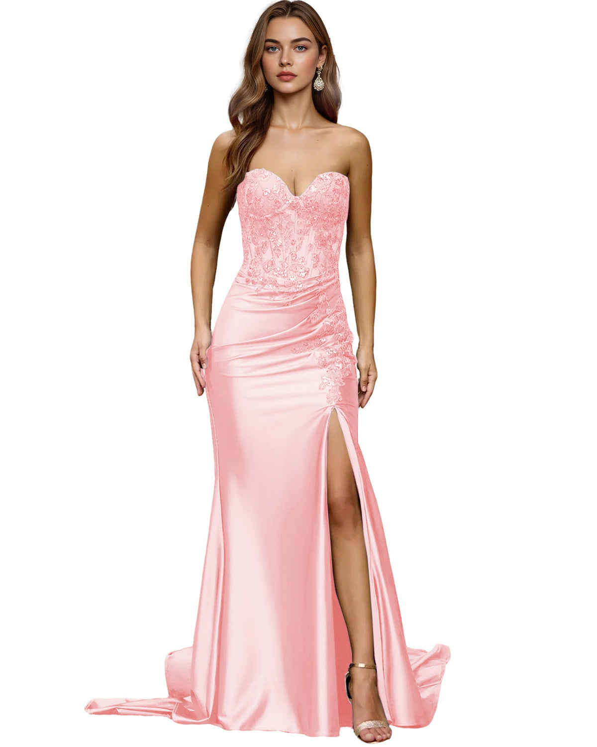 Strapless Emerald Satin Mermaid Prom Dress with Beaded Bodice and Slit