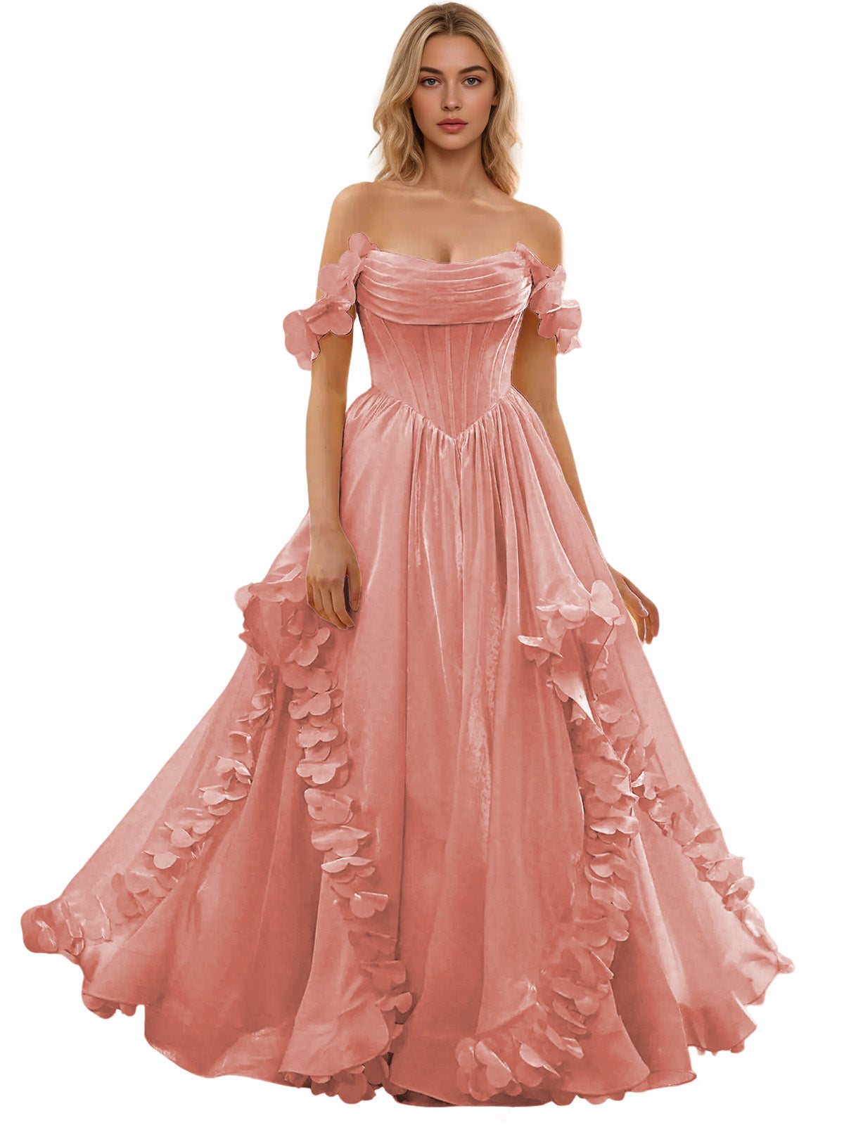 Off Shoulder Ruffle Tulle Ball Gown Prom Dress with Floral Applique