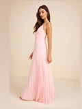 Light Pink Pleated Backless A-Line Maxi Chiffon Formal Dress for Evening Ceremony