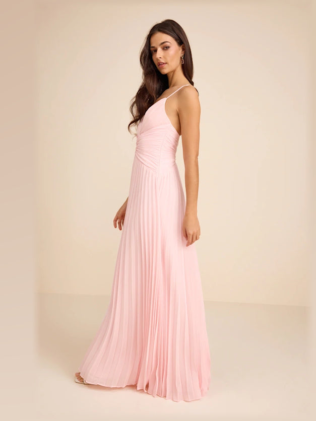 Light Pink Pleated Backless A-Line Maxi Chiffon Formal Dress for Evening Ceremony