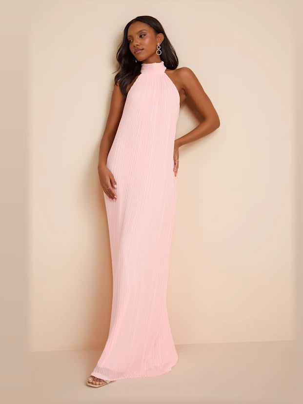 Light Pink Pleated Backless A-Line Maxi Chiffon Formal Dress for Charity Ball