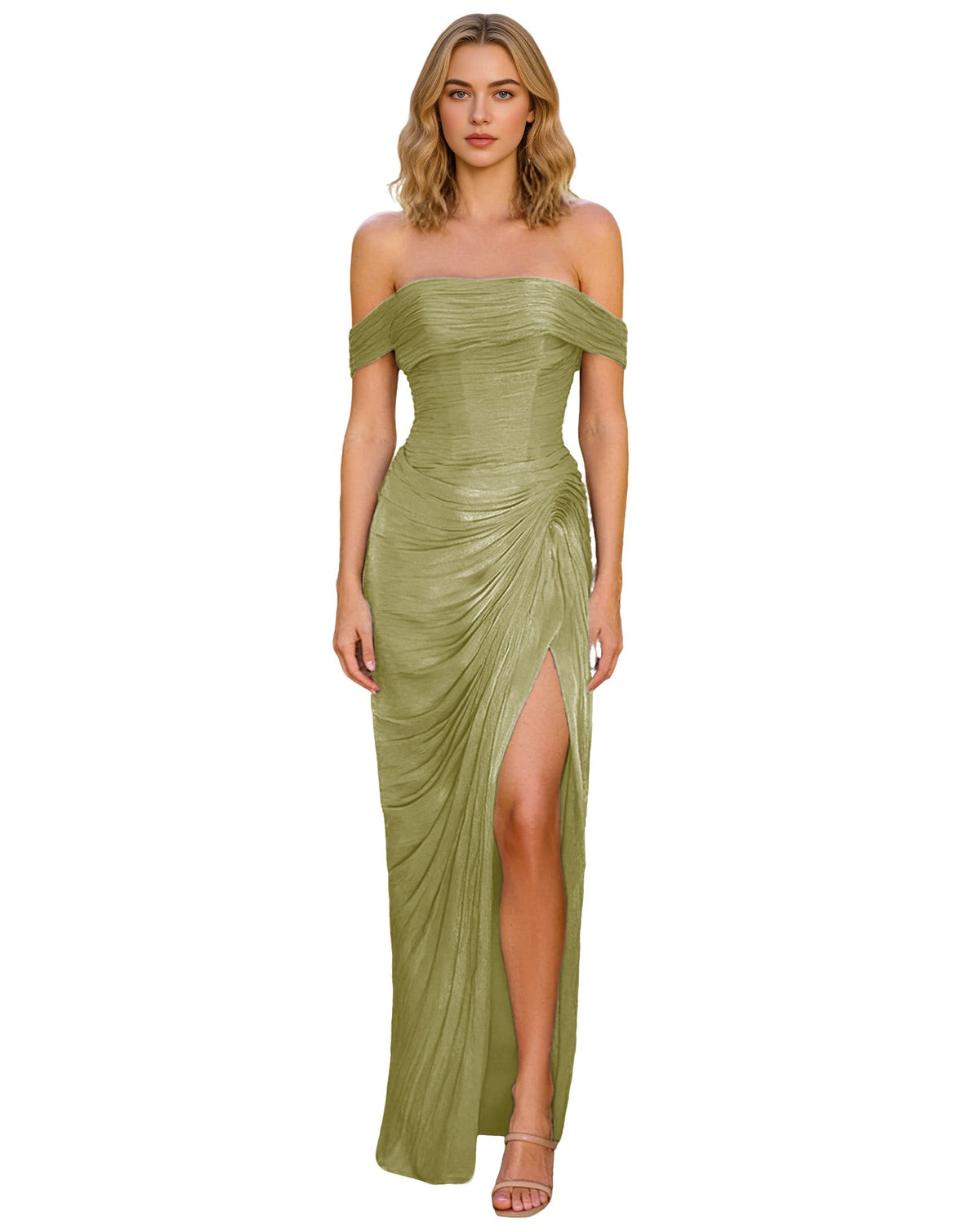 Off Shoulder Ruched Jersey Prom Dress with Wrap Bodice and High Slit
