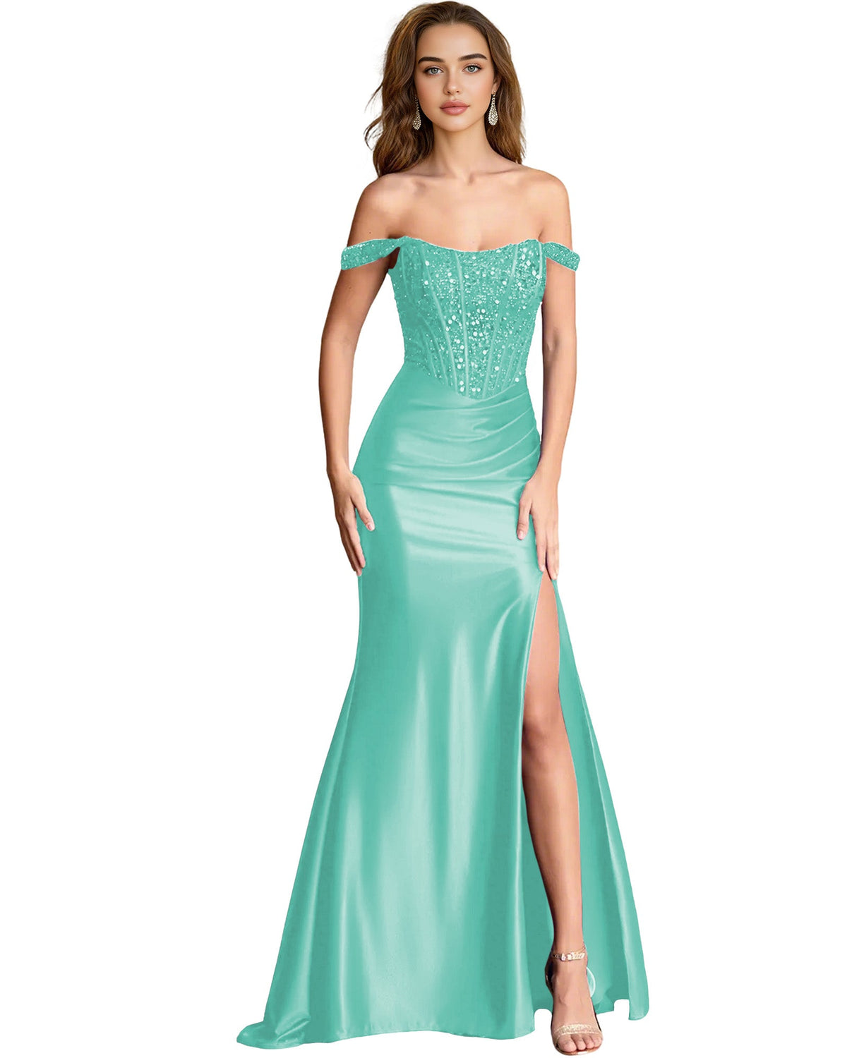 Off Shoulder Sequin Satin Mermaid Dress with Draped dress Slit