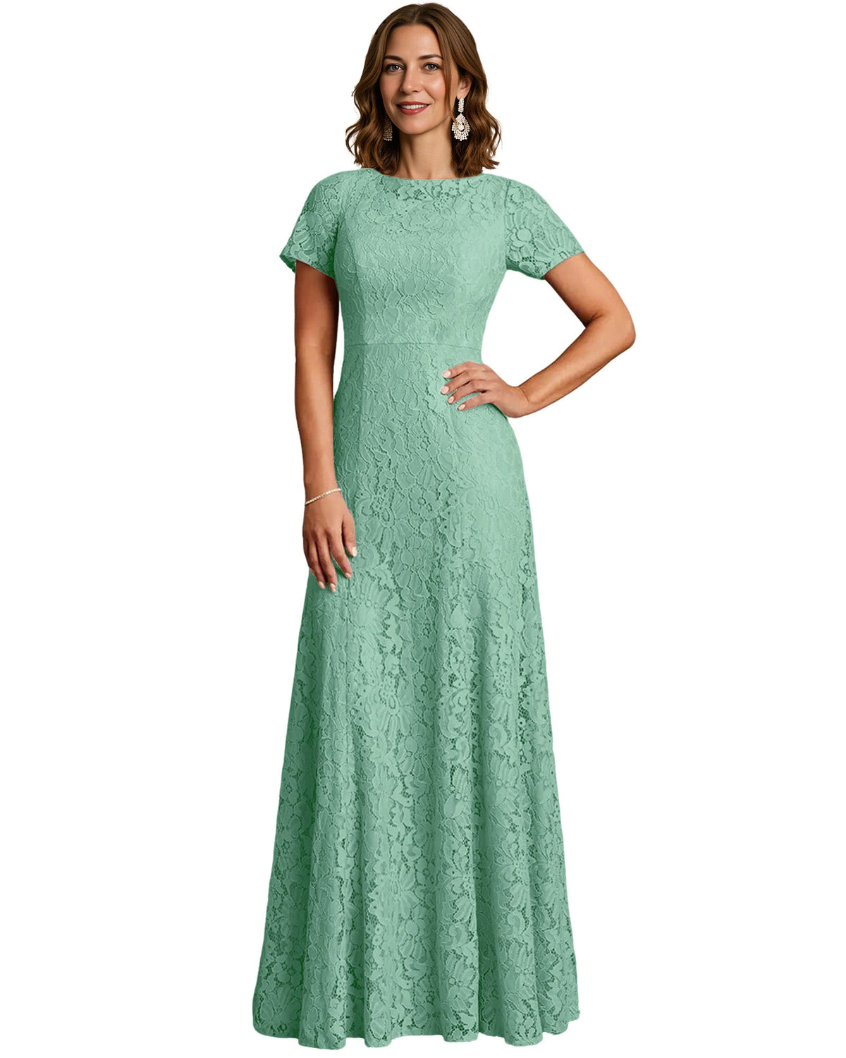 Long Lace Mother of the Bride Dress Short Sleeve Mermaid Gown with Crew Neckline