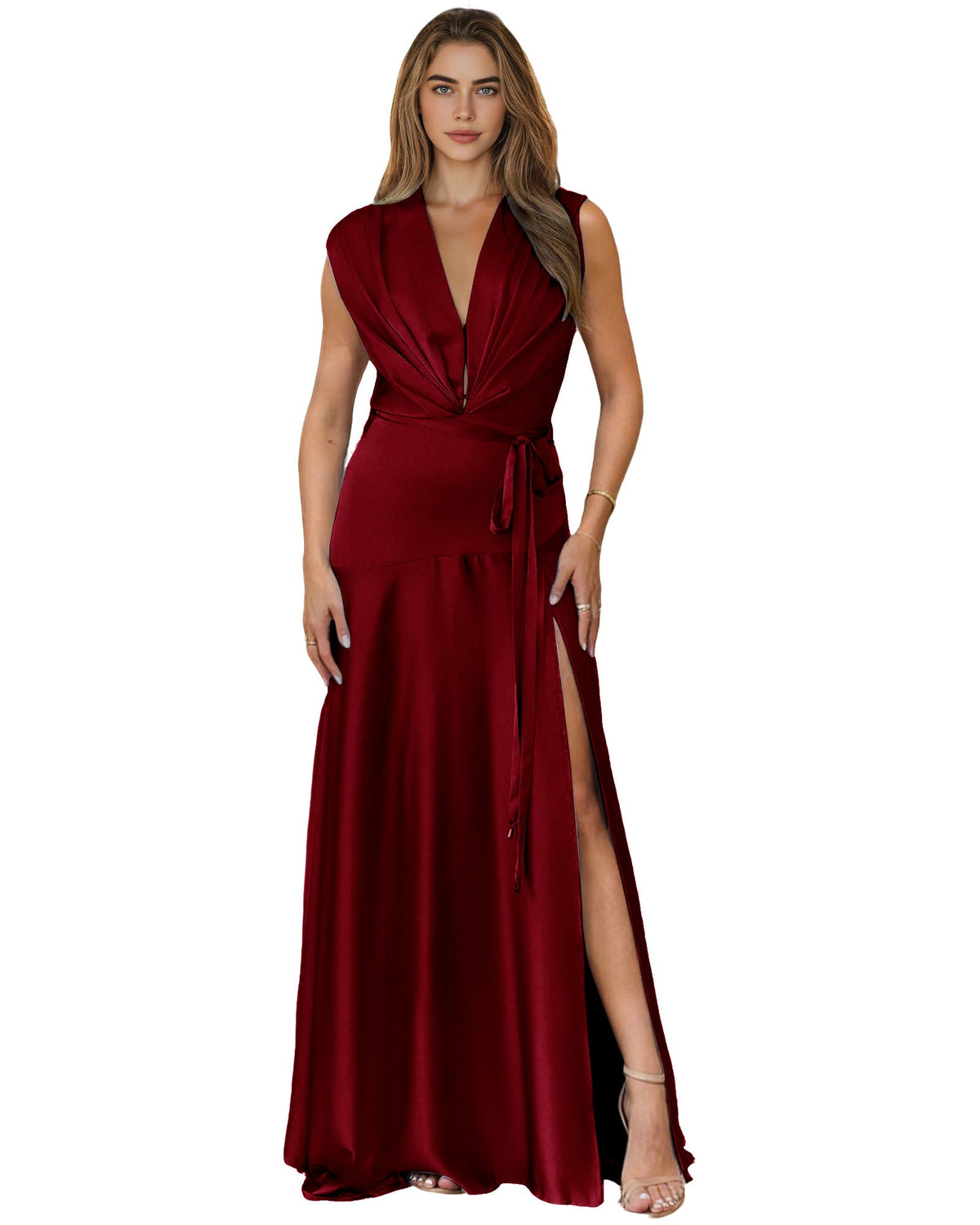 Plunging V-Neck Satin A-Line Prom Dress with Wrap Waist and Slit