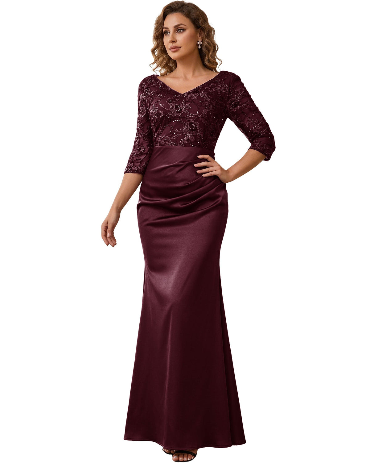 Mother of the Bride Dress Long Lace Mermaid Formal Gown with 3/4 Sleeves