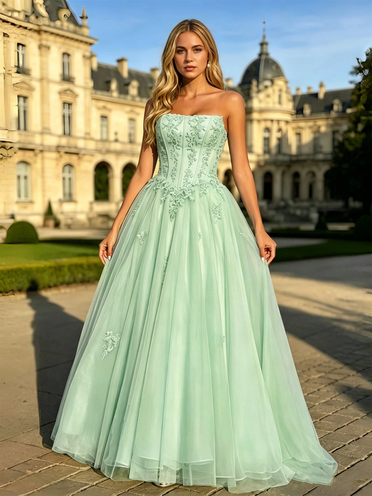 Strapless Lace Corset Ball Gown with Tulle A-Line Dress