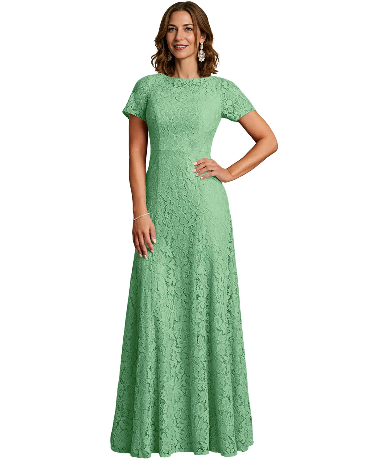 Long Lace Mother of the Bride Dress Short Sleeve Mermaid Gown with Crew Neckline