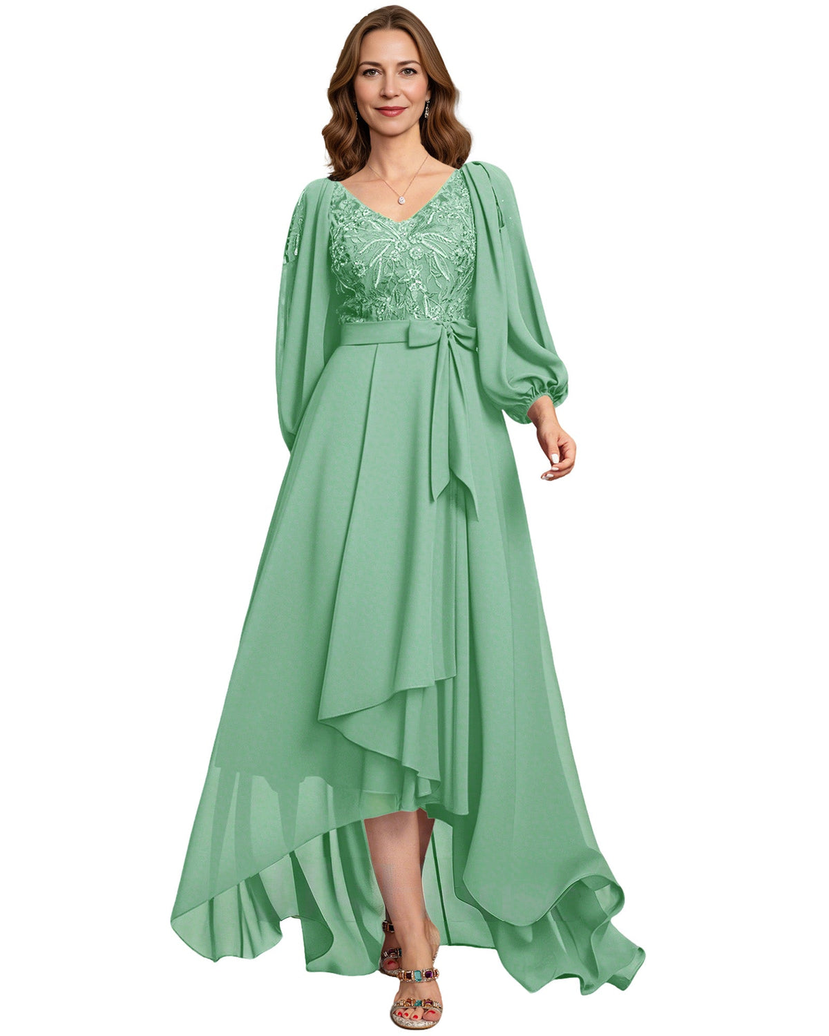 High Low Mother of the Bride Dress Lace Bodice Chiffon Jacket Formal Wedding Gown