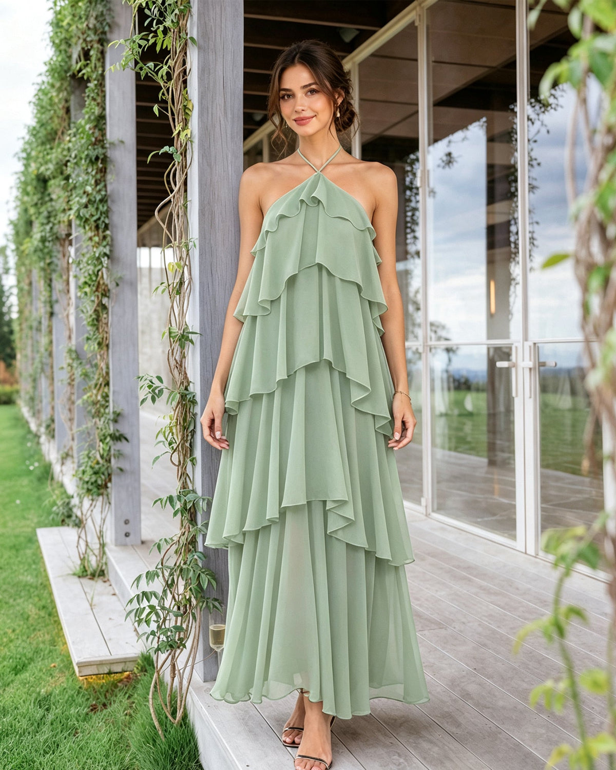 Halter Neck Tiered Chiffon Bridesmaid Dress with Ruffle Overlay