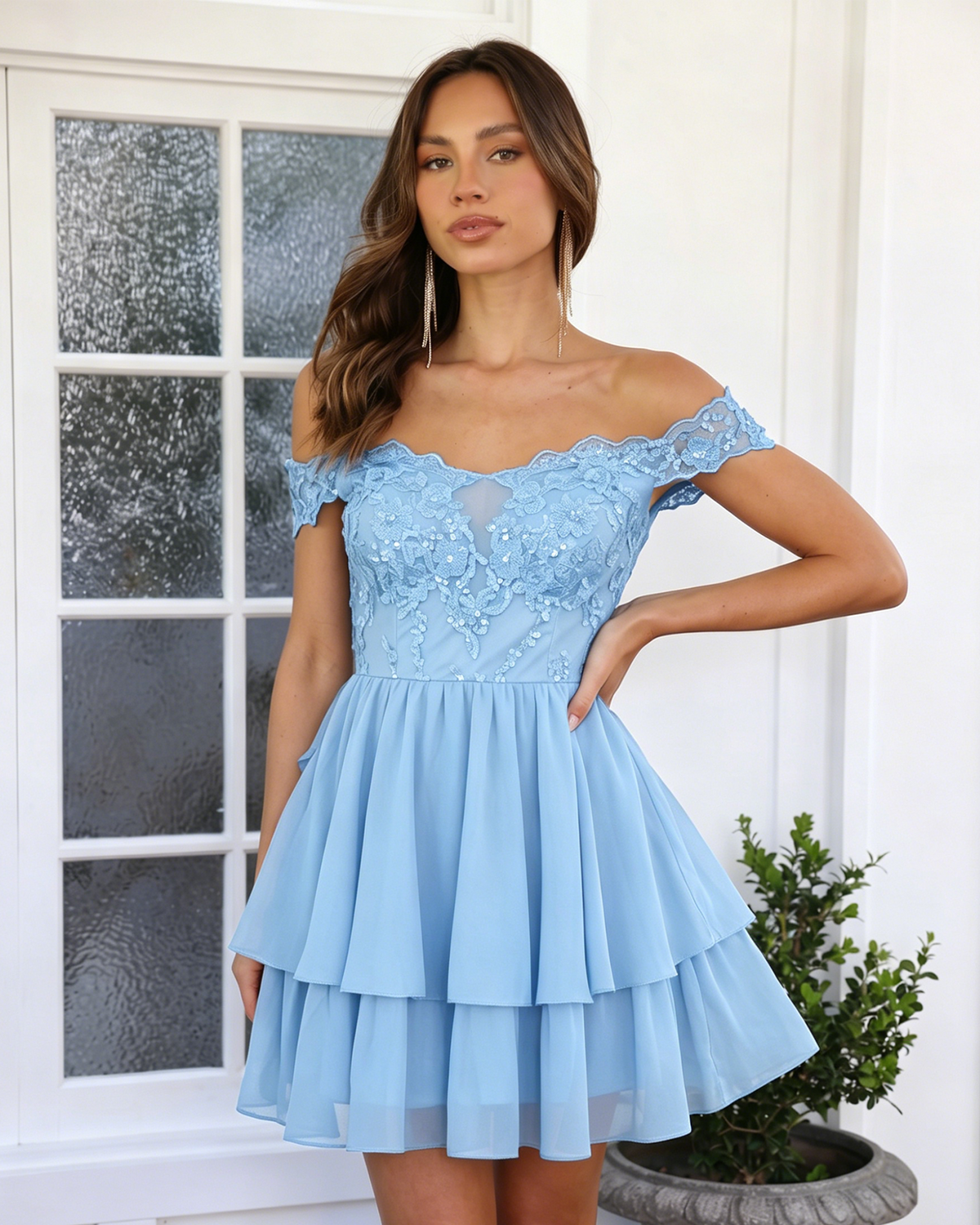 Off Shoulder Lace A-Line Homecoming Dress with Tiered Dress