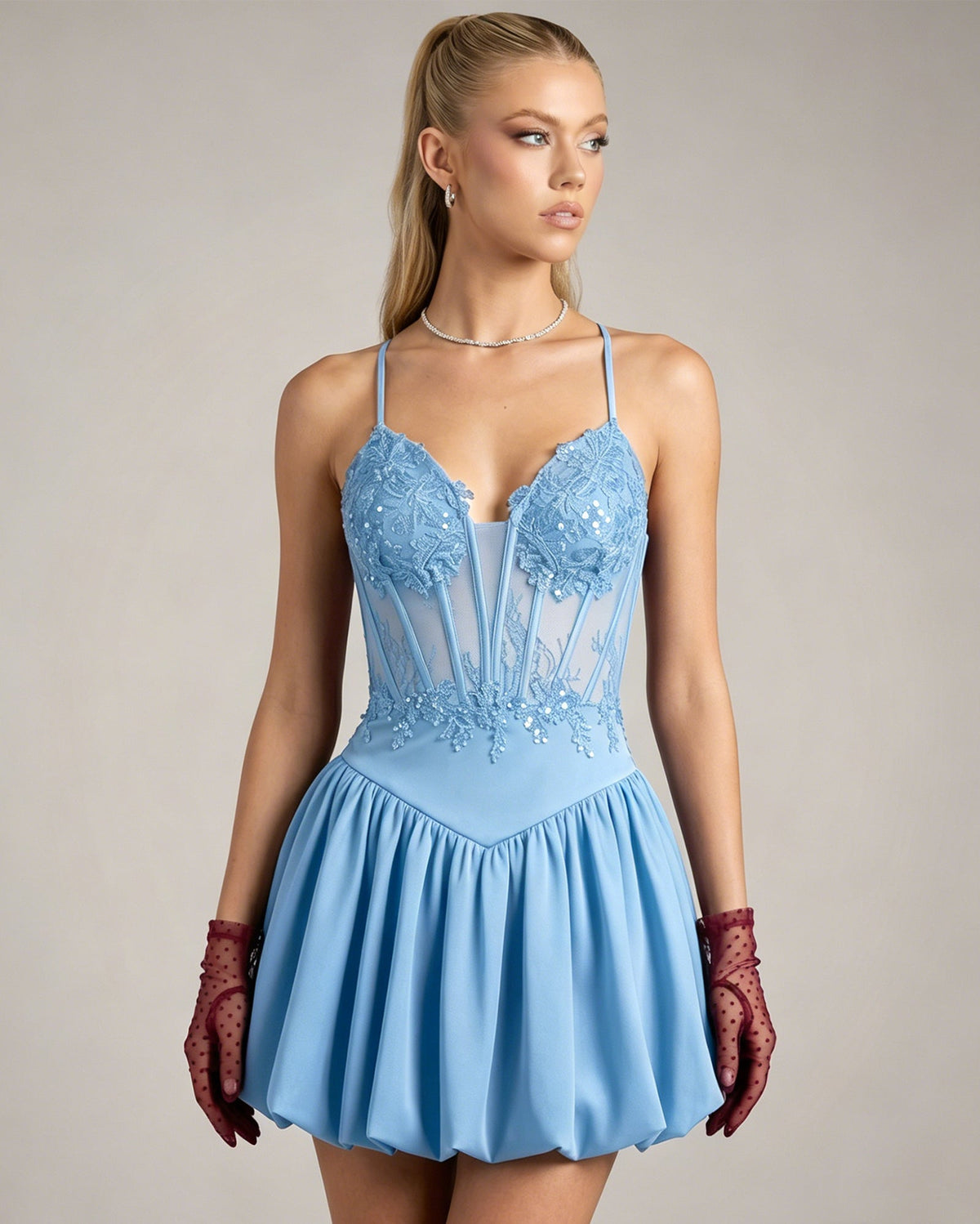 Spaghetti Strap Lace Corset Homecoming Dress with Flared Dress