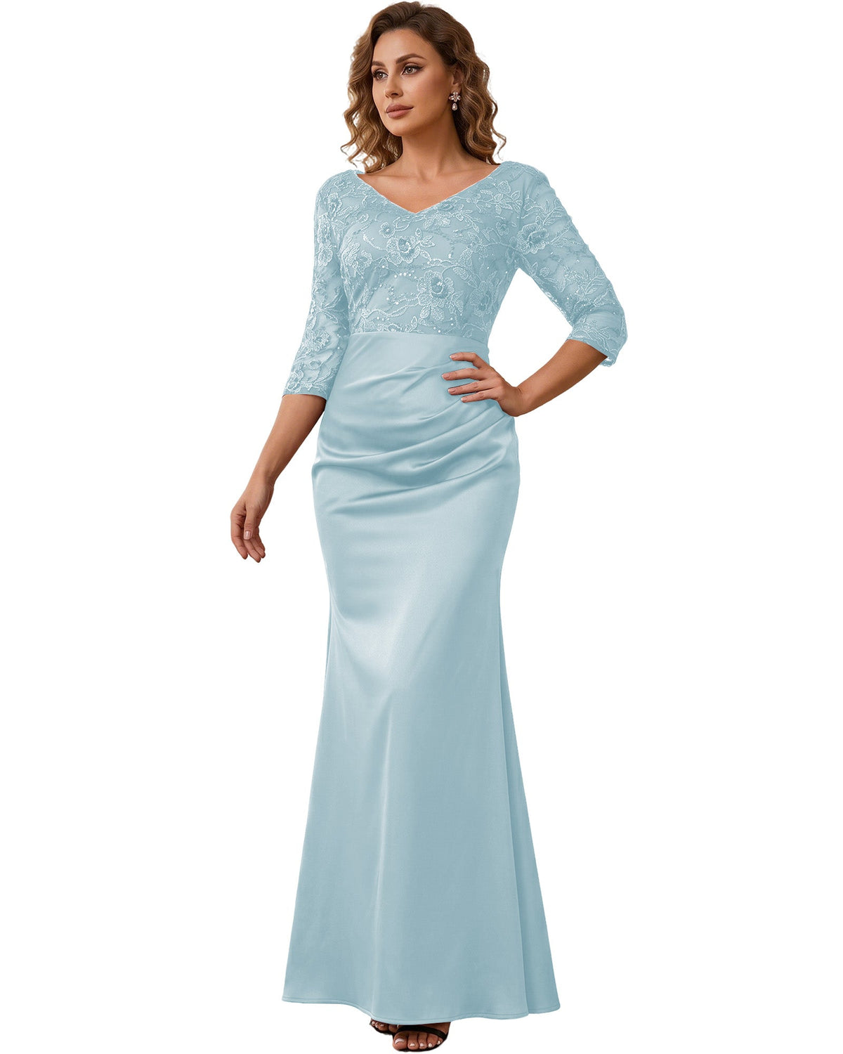 Mother of the Bride Dress Long Lace Mermaid Formal Gown with 3/4 Sleeves