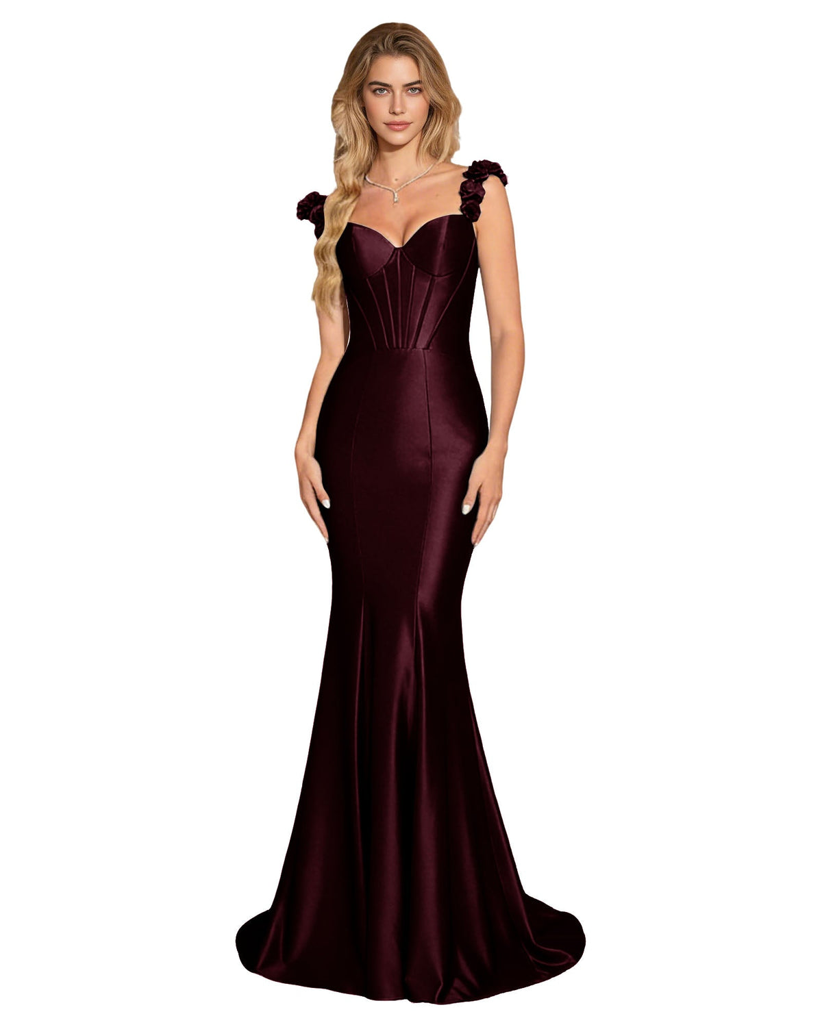 Floral Strap Satin Mermaid Prom Dress with Corset Bodice and Sweep Train