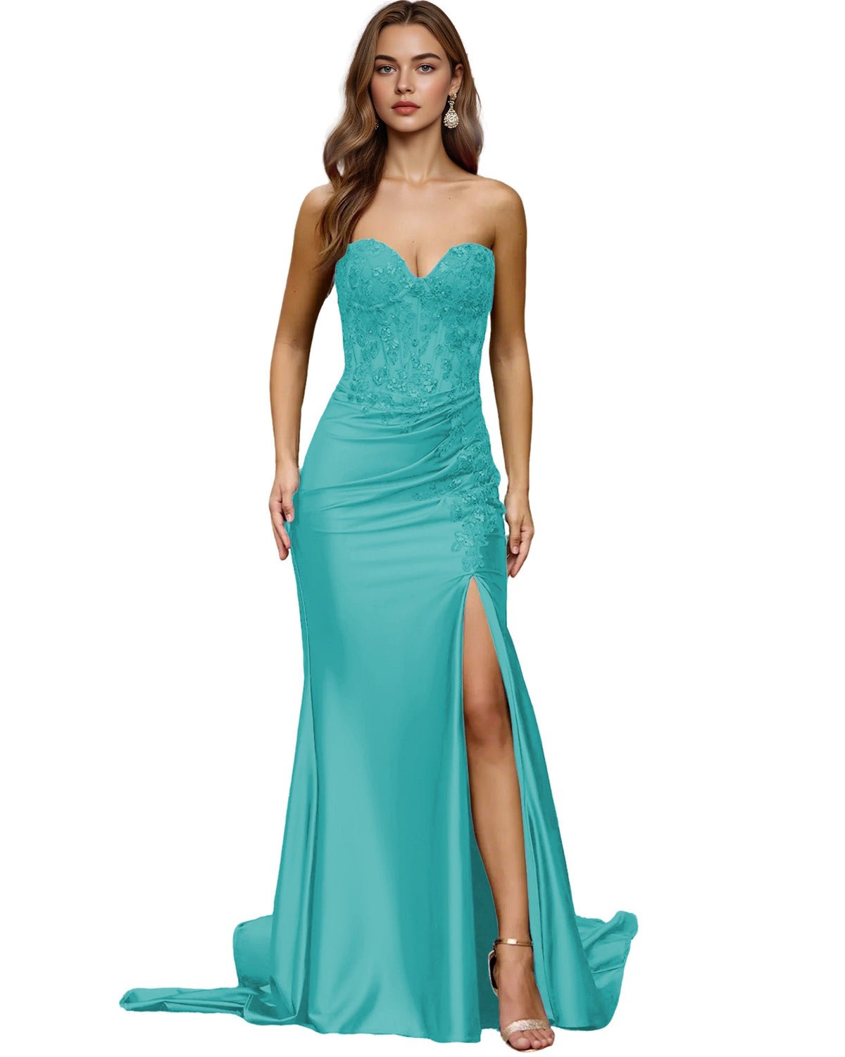 Strapless Emerald Satin Mermaid Prom Dress with Beaded Bodice and Slit