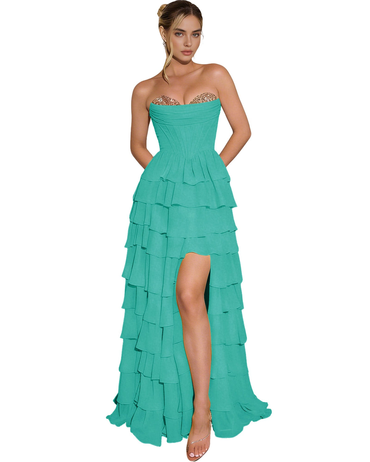 Strapless Layered Tulle Prom Dress with Corset Bodice and High Low Hem