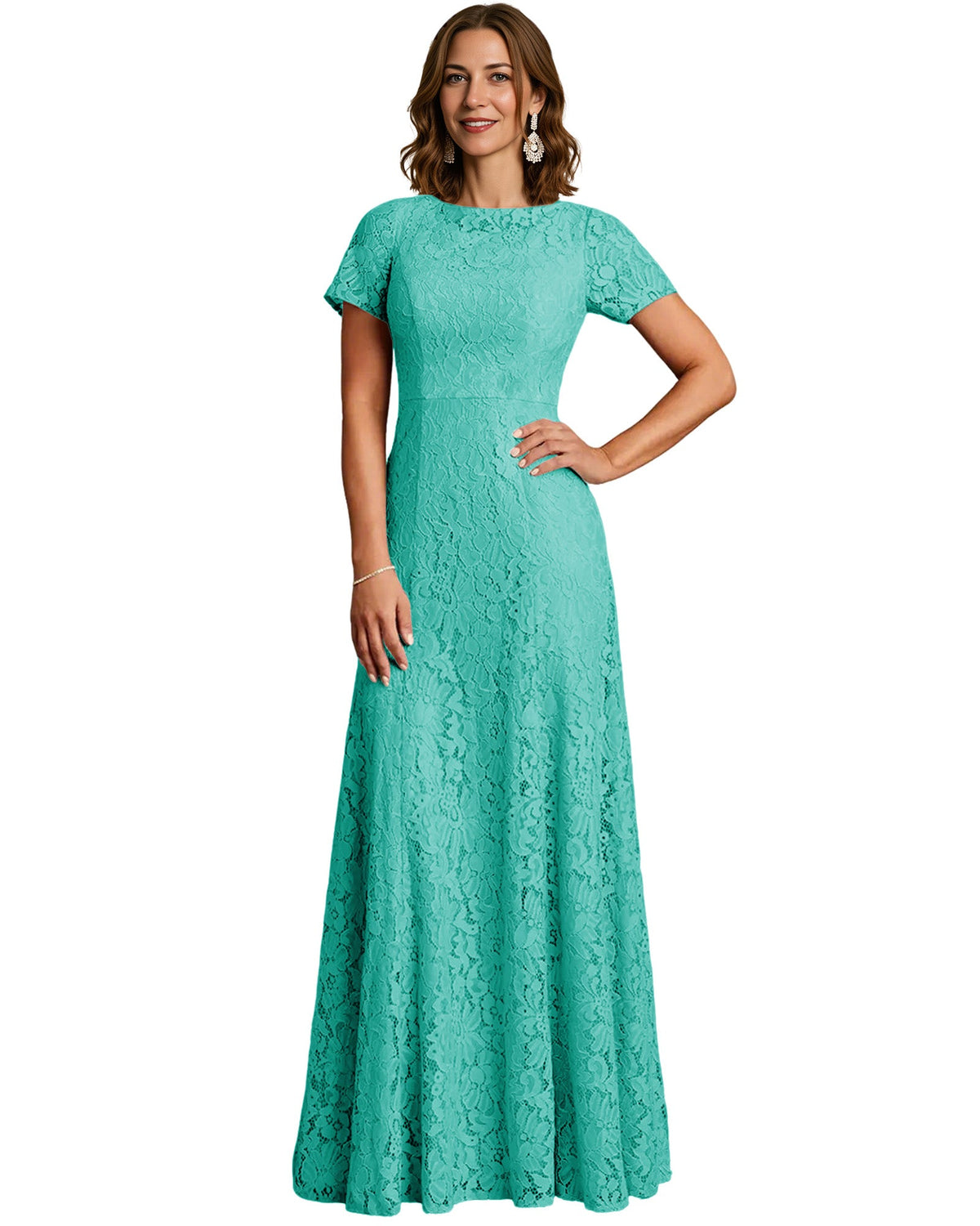 Long Lace Mother of the Bride Dress Short Sleeve Mermaid Gown with Crew Neckline