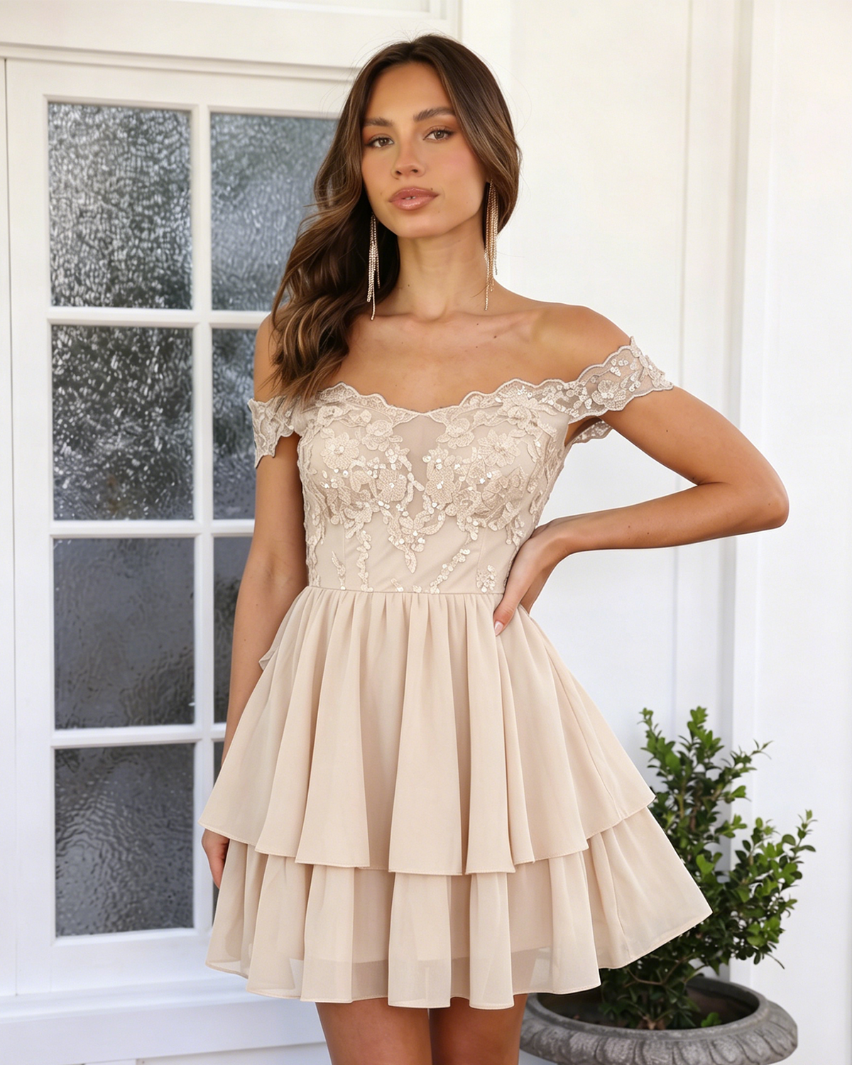 Off Shoulder Lace A-Line Homecoming Dress with Tiered Dress